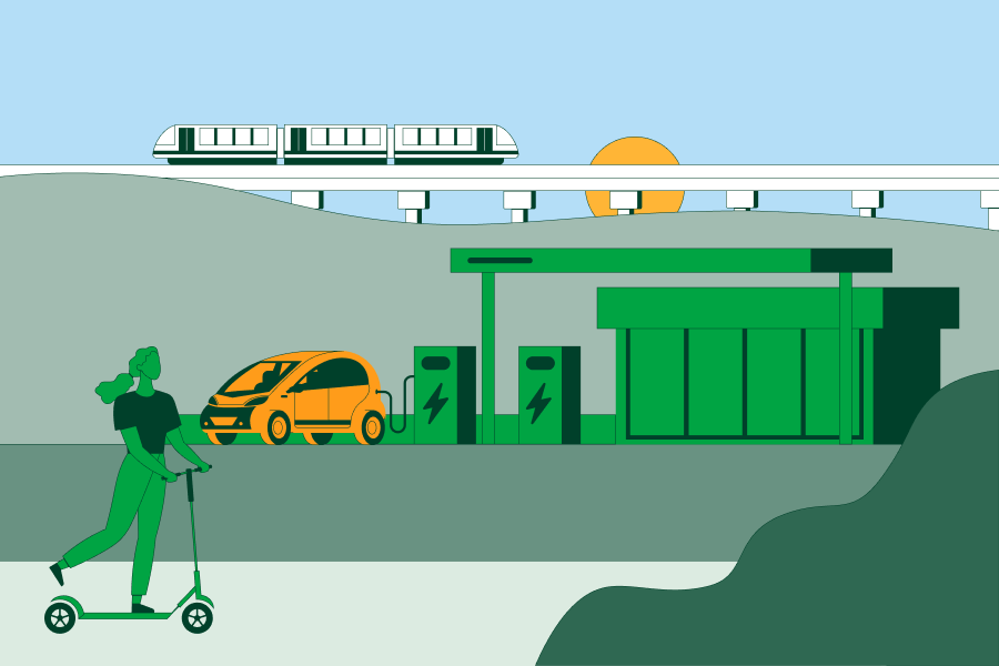 Ilustración de una estación de carga de vehículos eléctricos de Iberdrola con un coche conectado, una persona en patinete eléctrico y un tren pasando por un puente al fondo al amanecer.