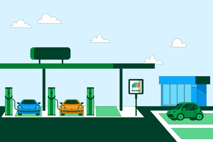 Ilustración de una estación de carga de vehículos eléctricos de Iberdrola, con dos coches conectados a los puntos de carga, un edificio de servicio y un coche verde estacionado.