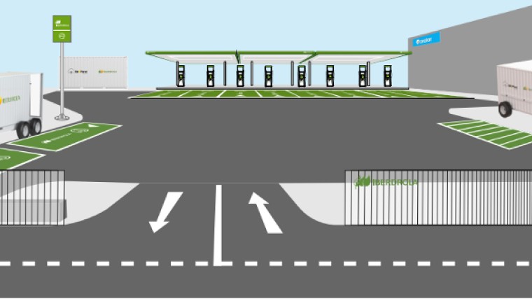 Representación digital de una estación de carga de vehículos eléctricos para camiones, con múltiples puntos de carga, señalización de Iberdrola y áreas de estacionamiento delimitadas.