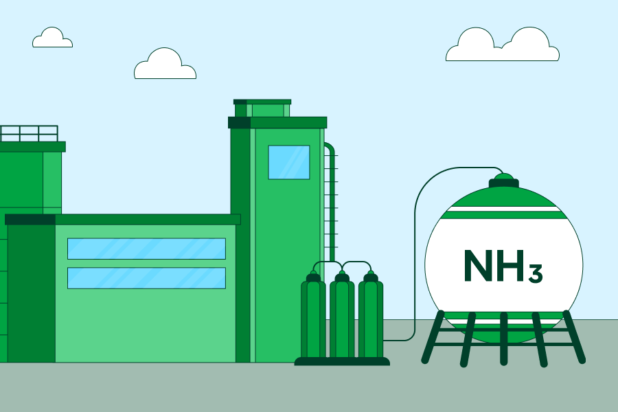 Illustration of a green hydrogen production plant with an ammonia storage tank labeled NH₃.
