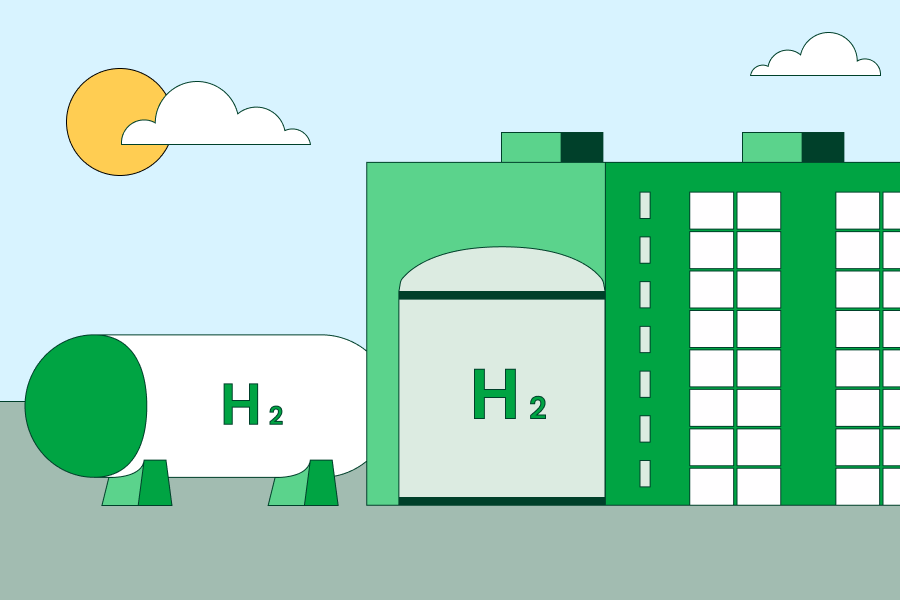 Ilustración de una planta de hidrógeno verde con un tanque de almacenamiento y un edificio con paneles solares, bajo un cielo soleado.