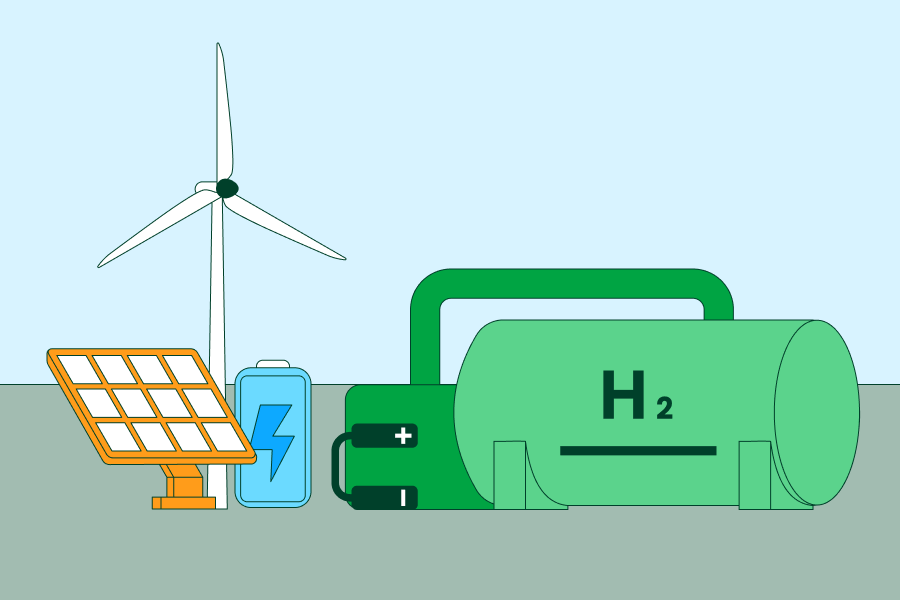 Ilustración de un sistema de energía renovable con un aerogenerador, panel solar, batería de almacenamiento y tanque de hidrógeno