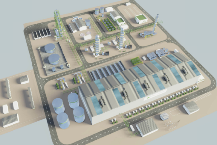 Aerial view of an energy industrial facility with process buildings, storage tanks, and interconnected pipeline systems.