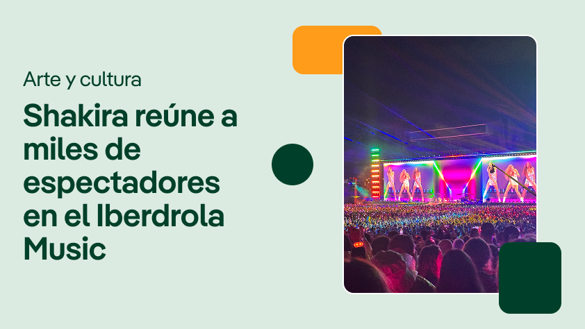 Video cover titled “Shakira Draws Thousands of Fans to Iberdrola Music,” featuring a concert photograph with a brightly lit stage, colorful lights, and a large crowd.