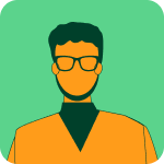 Icon of a person wearing glasses and an orange sweater, set against a green background. The image has a minimalist and modern style.