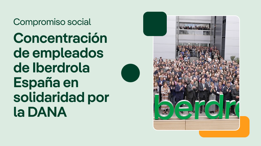 Portada de video sobre el compromiso social de Iberdrola España, mostrando una concentración de empleados en solidaridad por la DANA, con el texto: 'Concentración de empleados de Iberdrola España en solidaridad por la DANA'