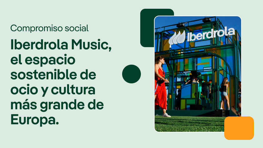 Video cover about social commitment, showing the Iberdrola Music venue with people enjoying outdoor activities and the text: “Iberdrola Music, the largest sustainable leisure and culture space in Europe”.