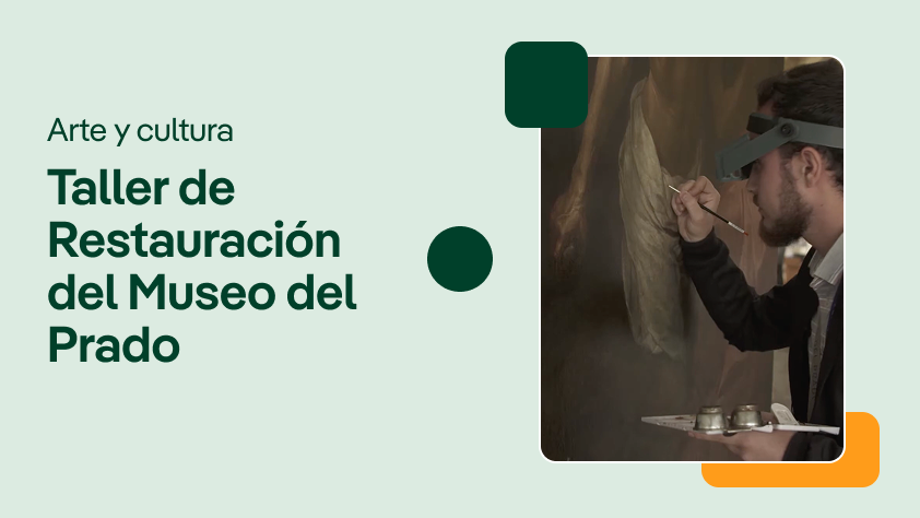 Video cover about art and culture, showing a conservator working on an artwork in the Restoration Workshop of the Prado Museum.