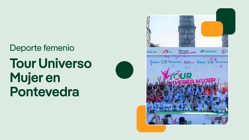Portada de video sobre deporte femenino, mostrando a participantes del Tour Universo Mujer durante un evento deportivo, con el teto 'Tour Universo Mujer en Pontevedra'.