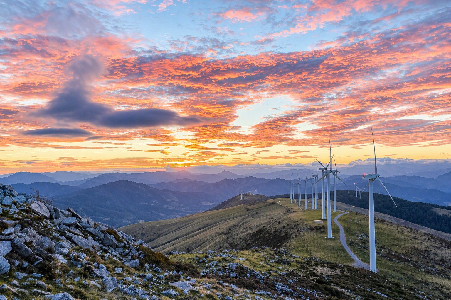 Parque eólico en paisaje montañoso al atardecer con aerogeneradores y cielo colorido.
