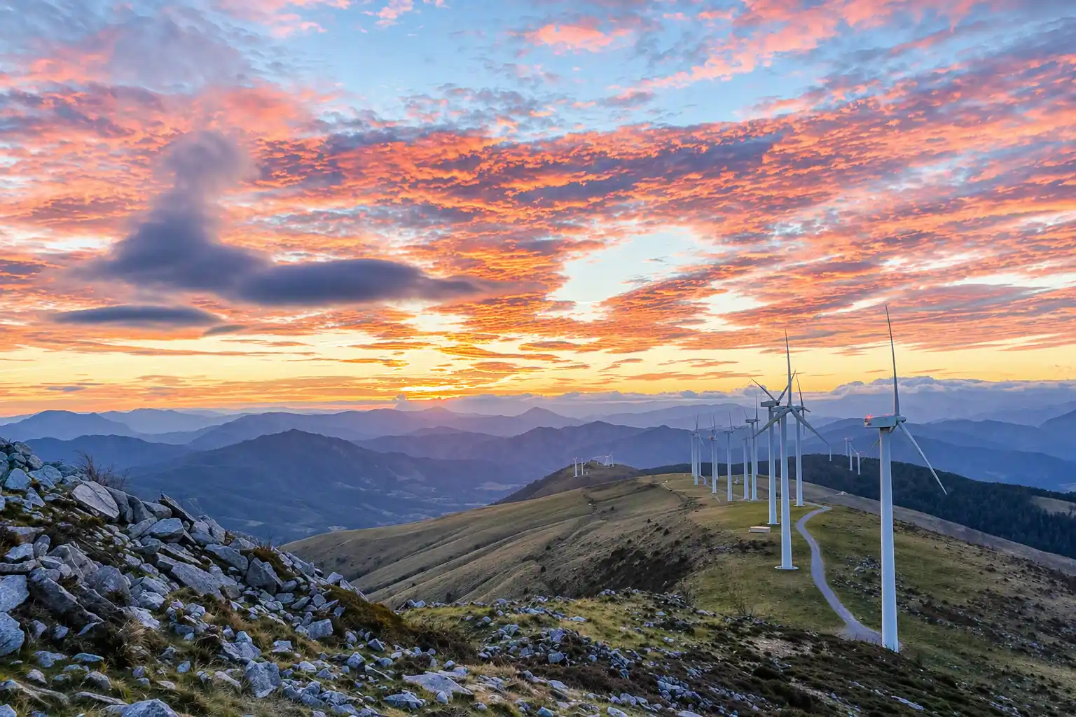 Parque eólico en paisaje montañoso al atardecer con aerogeneradores y cielo colorido.