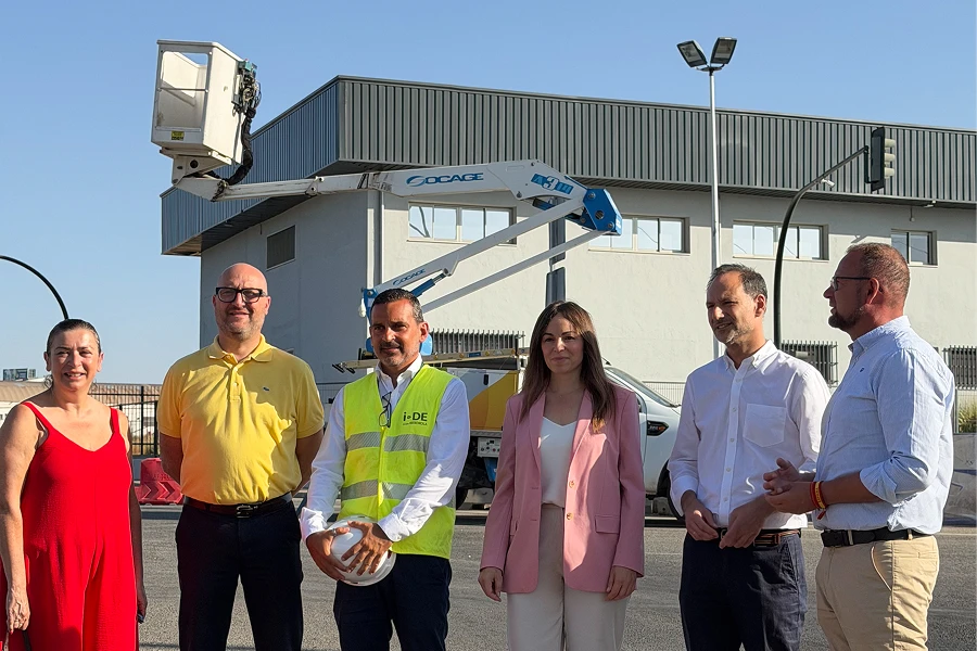 Representantes del Ayuntamiento de Murcia e Iberdrola España durante el inicio de la retirada de torres eléctricas en Murcia.