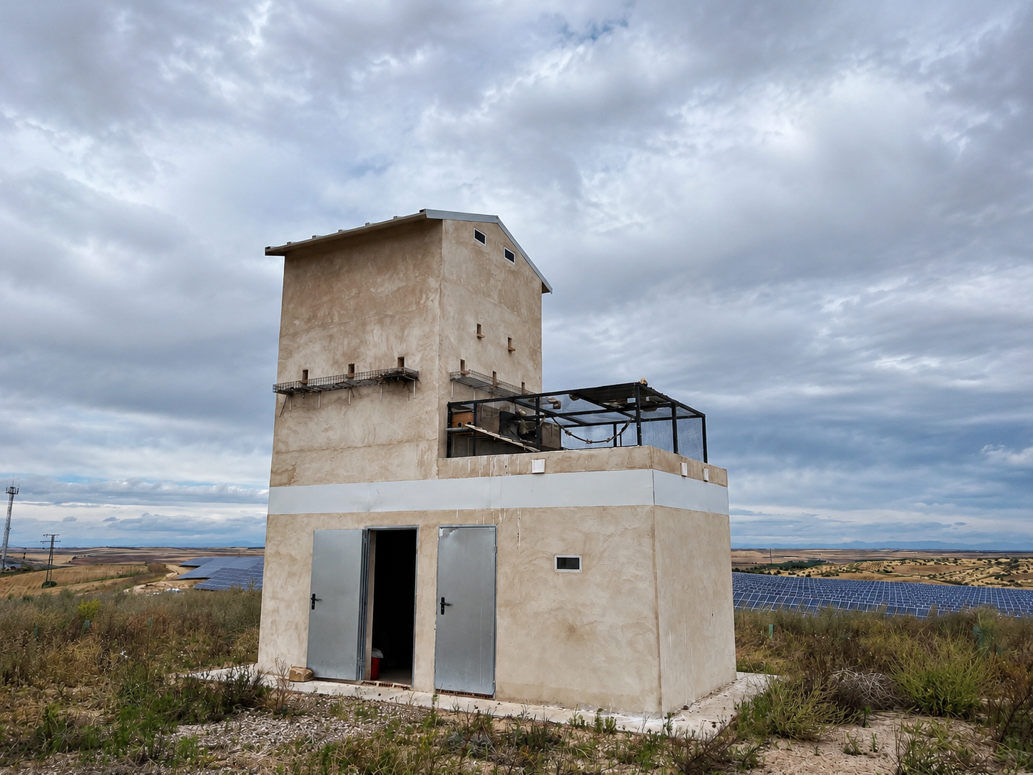 Bird shelter next to a solar photovoltaic plant in a rural landscape.