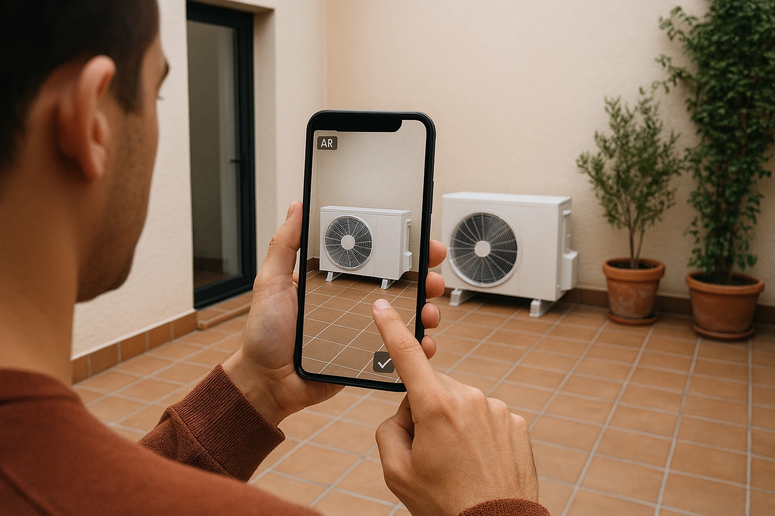 Persona usando realidad aumentada para visualizar una bomba de calor en una vivienda