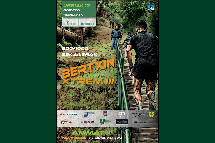 Cartel de la carrera Bertxin Xtrem III, organizada el 10 de octubre a las 10:00, con recorridos de 500 y 1.000 escaleras. Ilustración de corredores subiendo una larga escalera entre árboles, con los logotipos de Iberdrola y otras entidades colaboradoras. Inscripciones en www.kronoak.com.