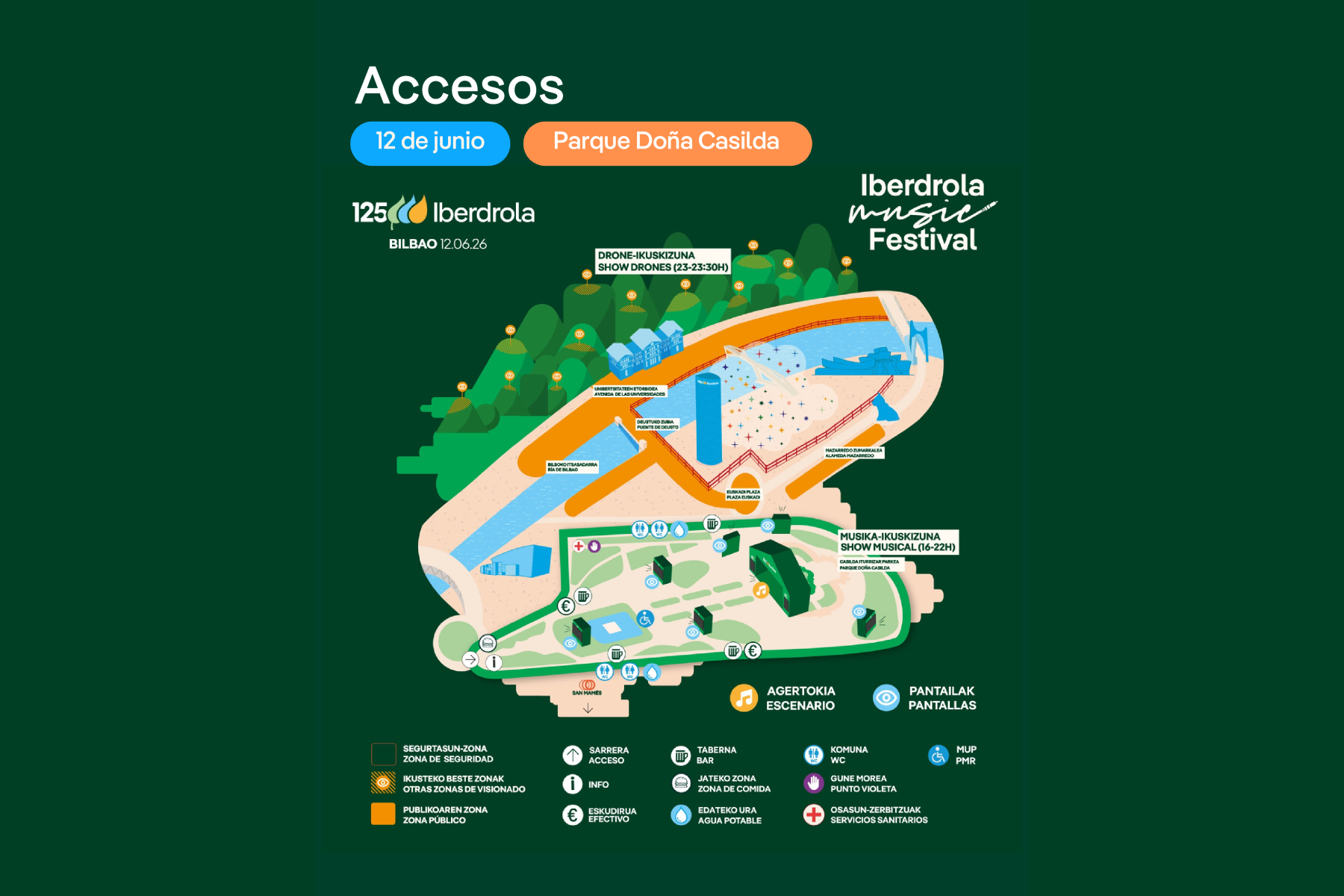 Mapa del festival Iberdrola Music Festival en Bilbao el 12 de junio en el Parque Doña Casilda, mostrando zonas de público, escenarios, pantallas, zonas de seguridad, otras zonas de visionado, accesos, barras de bar, zona de comida, información, efectivo, agua potable, WC, PMR y punto violeta. Incluye señalización de lugares destacados como Plaza Euskadi, Puente de Deusto, Alameda Mazarredo y Ría de Bilbao, con indicaciones de horario de show musical (16-22h) y show de drones (23-23:30h).