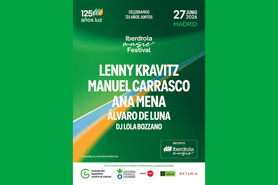 Cartel del Iberdrola Music Festival, que celebra los 125 años de Iberdrola. El evento se llevará a cabo el 27 de junio de 2026 en Madrid. Los artistas destacados incluyen a Lenny Kravitz, Manuel Carrasco, Ana Mena, Álvaro de Luna, y DJ Lola Bozzano. También se menciona la colaboración con asociaciones como la Asociación Española Contra el Cáncer, Acción Contra el Hambre, y Betania. En la parte inferior, se indican las entradas disponibles en www.livenation.es.