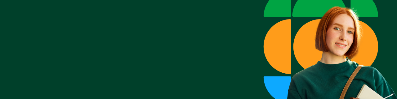 Una joven con cabello corto y rojizo sonríe mientras sostiene unos cuadernos. Está vestida con un suéter verde y un bolso cruzado. El fondo tiene un diseño gráfico colorido con formas geométricas en tonos verde, naranja y azul, lo que da un aspecto moderno y vibrante. La imagen está enfocada en transmitir una sensación de frescura y juventud.