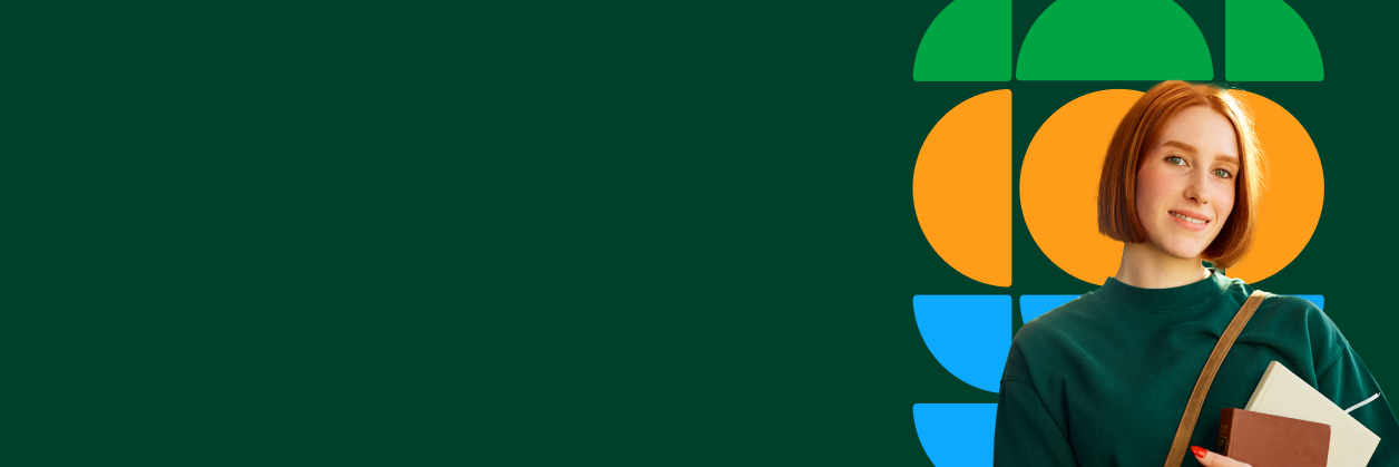 A young woman with short red hair smiles while holding some notebooks. She is dressed in a green sweater and a crossbody bag. The background features a colorful graphic design with geometric shapes in green, orange, and blue, giving a modern and vibrant feel. The image is focused on conveying a sense of freshness and youth.