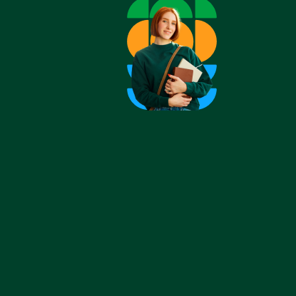 A young woman with short red hair smiles while holding some notebooks. She is dressed in a green sweater and a crossbody bag. The background features a colorful graphic design with geometric shapes in green, orange, and blue, giving a modern and vibrant feel. The image is focused on conveying a sense of freshness and youth.