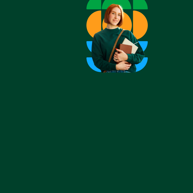 Una joven con cabello corto y rojizo sonríe mientras sostiene unos cuadernos. Está vestida con un suéter verde y un bolso cruzado. El fondo tiene un diseño gráfico colorido con formas geométricas en tonos verde, naranja y azul, lo que da un aspecto moderno y vibrante. La imagen está enfocada en transmitir una sensación de frescura y juventud.