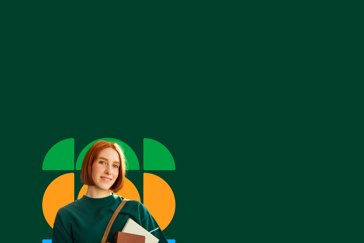 A young woman with short red hair smiles while holding some notebooks. She is dressed in a green sweater and a crossbody bag. The background features a colorful graphic design with geometric shapes in green, orange, and blue, giving a modern and vibrant feel. The image is focused on conveying a sense of freshness and youth.