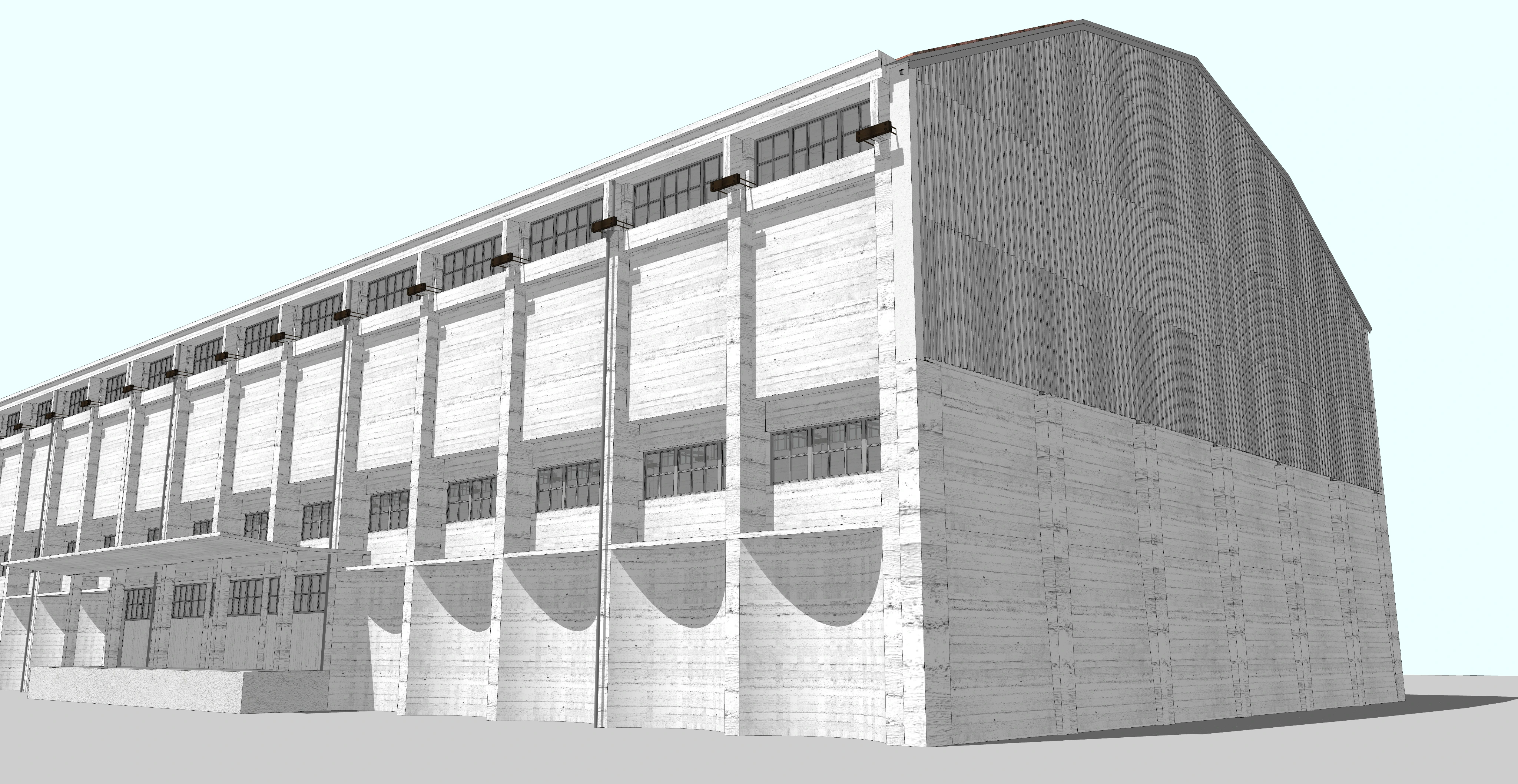 Three-dimensional model of the exterior of a Nitrastur industrial building after its rehabilitation.