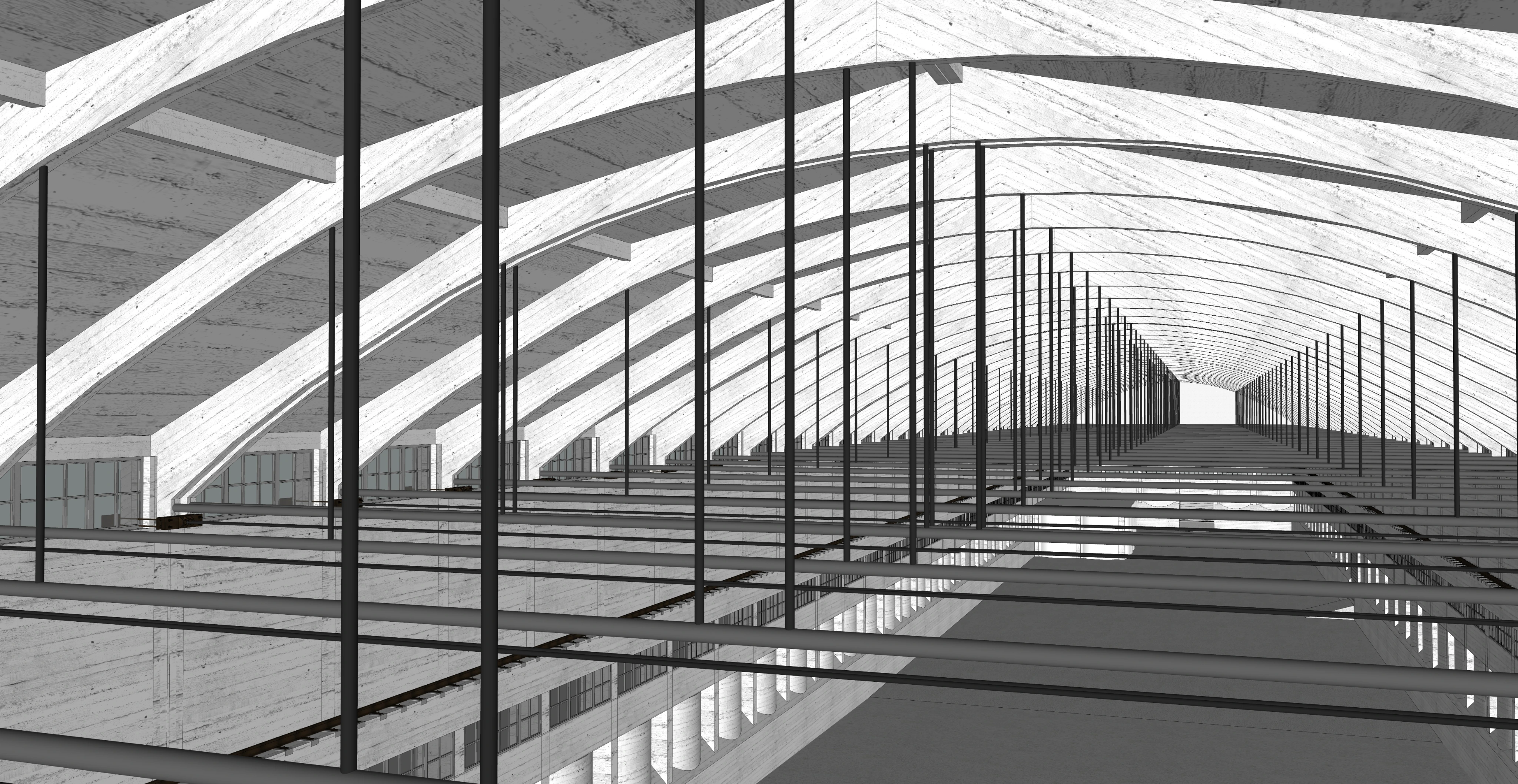 Three-dimensional model of the roof structure proposed for the rehabilitation of a Nitrastur industrial building.