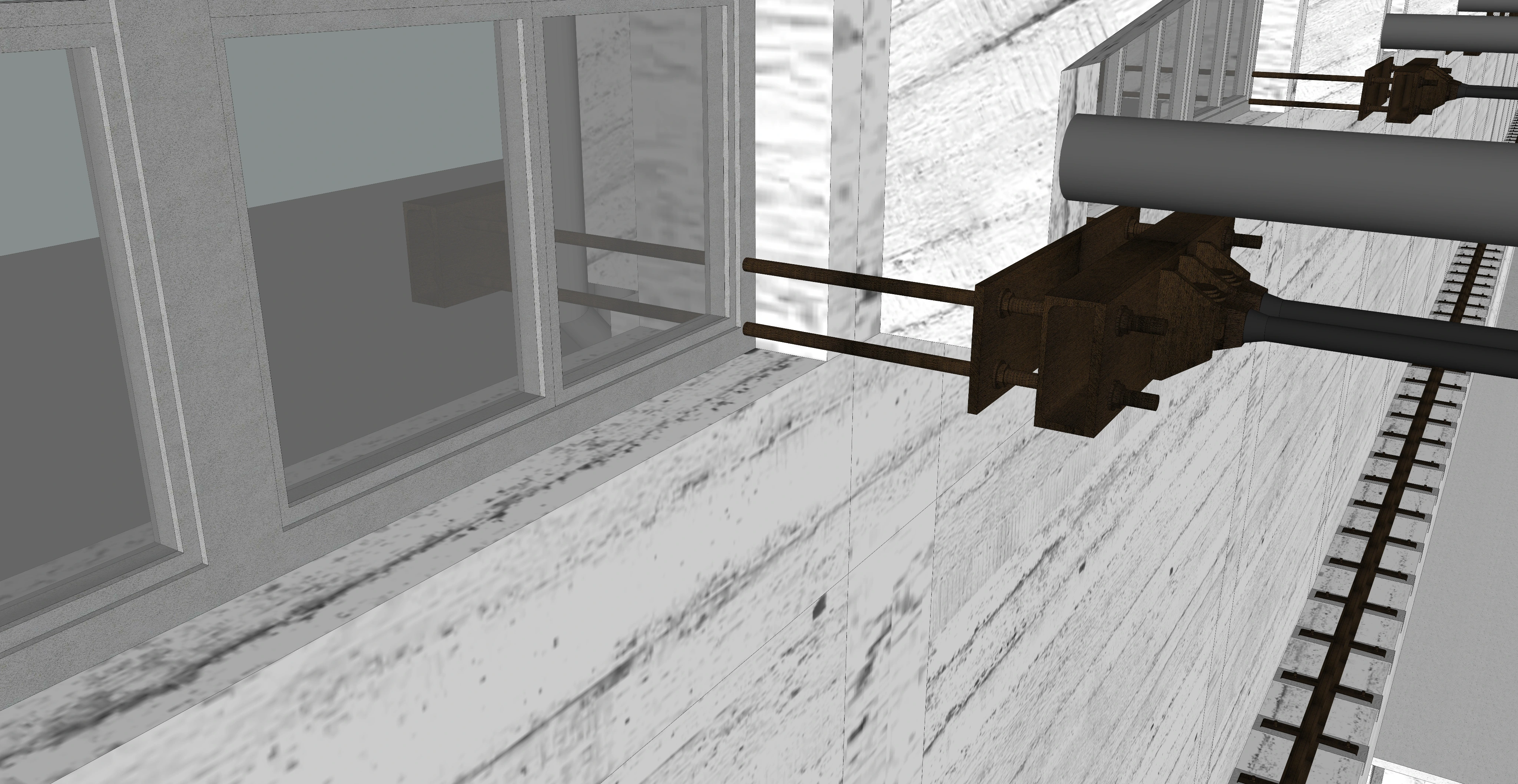 Detail of a three-dimensional model showing a structural anchoring system for the rehabilitation of a Nitrastur industrial building.