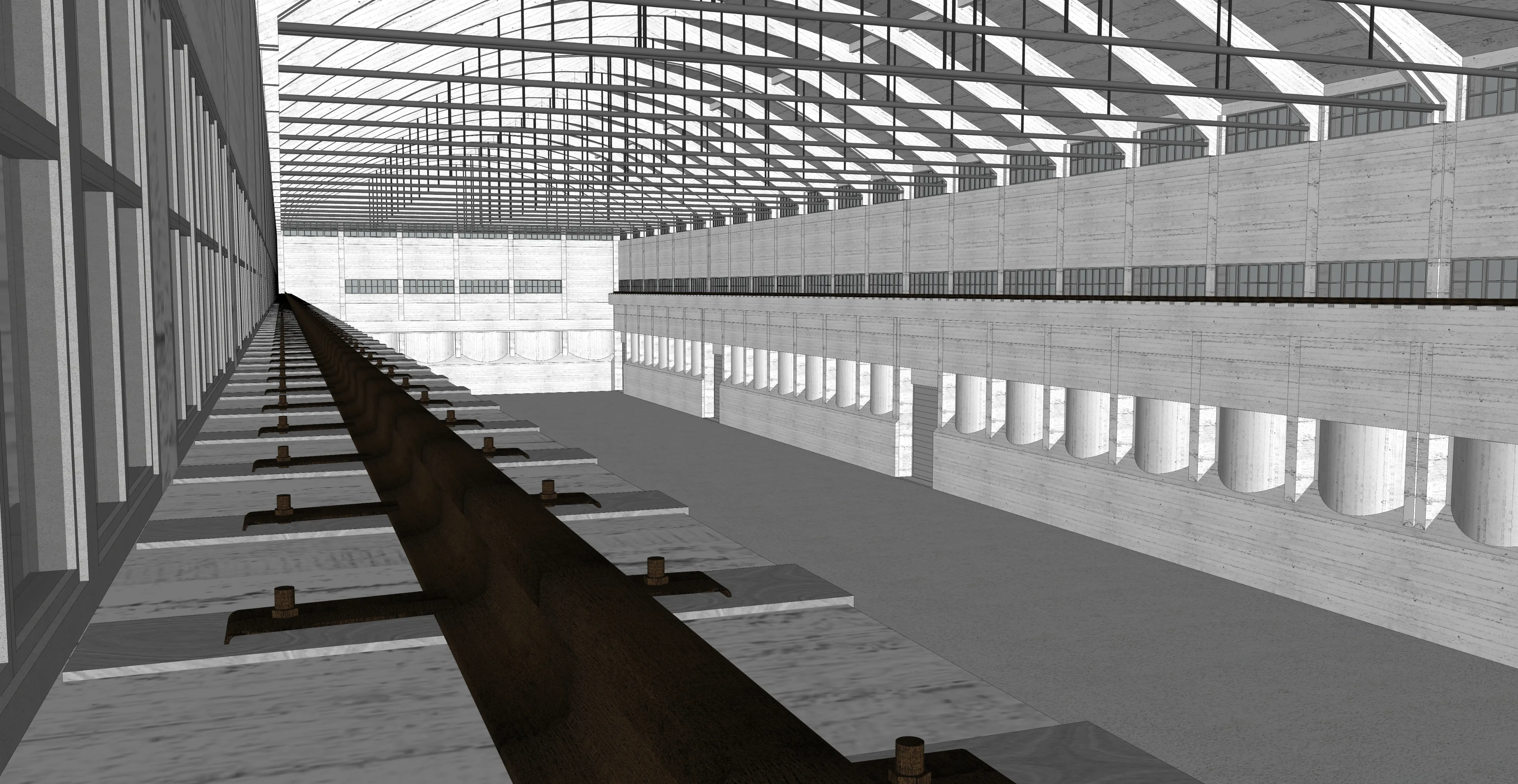 Three-dimensional model of the proposed interior rehabilitation of a Nitrastur industrial building.