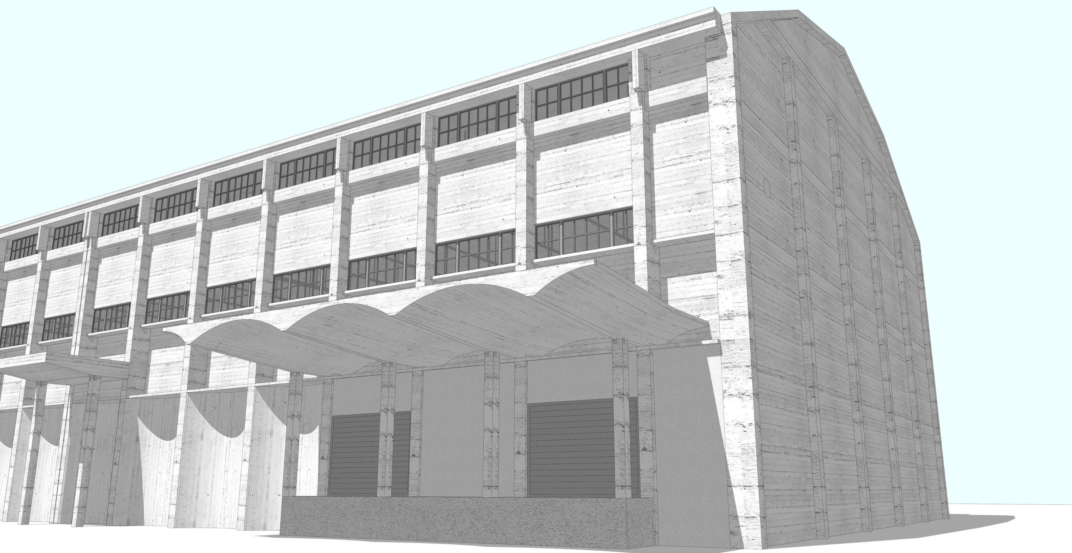 Three-dimensional model of the exterior of a Nitrastur industrial building after its rehabilitation.