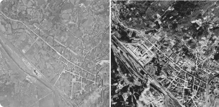 Comparison of two historic aerial photographs showing the evolution of the area surrounding the Nitrastur facilities.