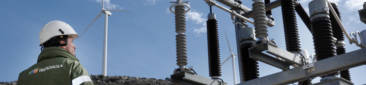Profesional de mantenimiento en una subestación eléctrica con aerogeneradores al fondo.