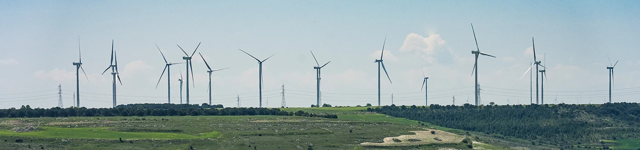 Parque eólico con aerogeneradores distribuidos en un paisaje rural.
