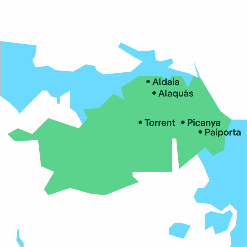 Map with the locations of Aldaia, Alaquàs, Torrent, Picanya and Paiporta.