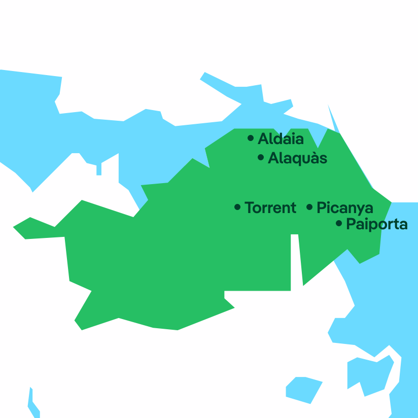 Map with the locations of Aldaia, Alaquàs, Torrent, Picanya and Paiporta.