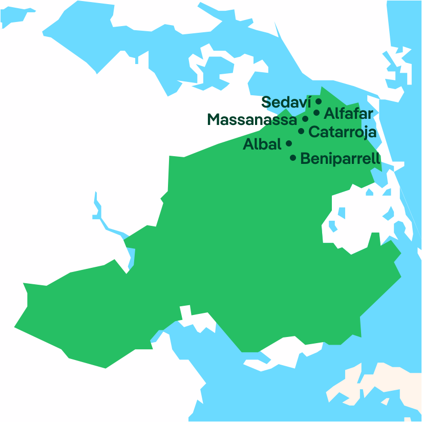 Map with the locations of Sedaví, Alfafar, Massanassa, Catarroja, Albal and Beniparrell.