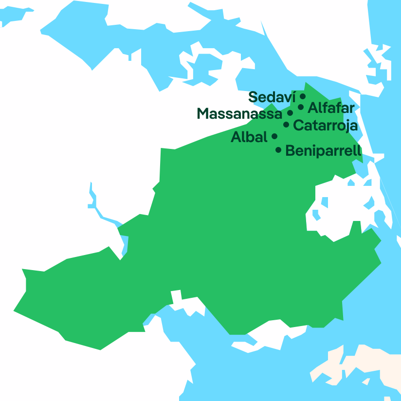 Map with the locations of Sedaví, Alfafar, Massanassa, Catarroja, Albal and Beniparrell.